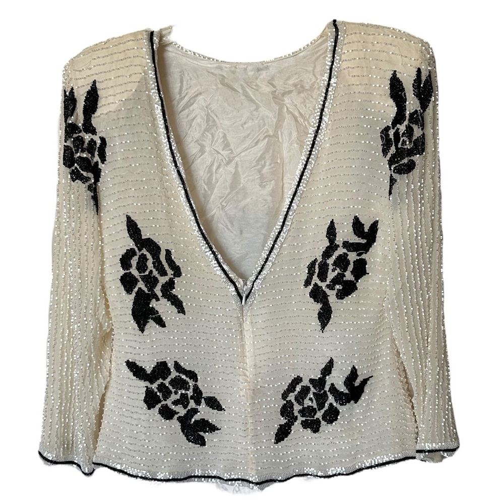 Vintage 80s White Beaded Fancy Silk Blouse White Black Large